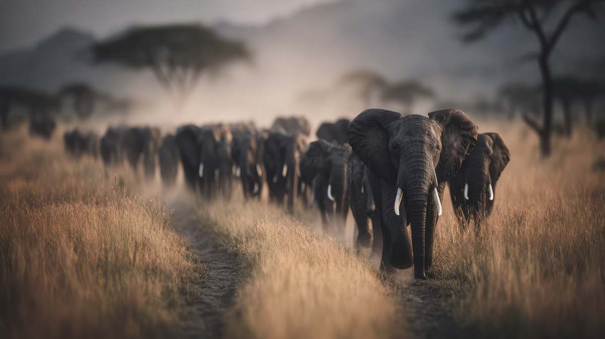 Elephants crossing the Tanzanian savannah